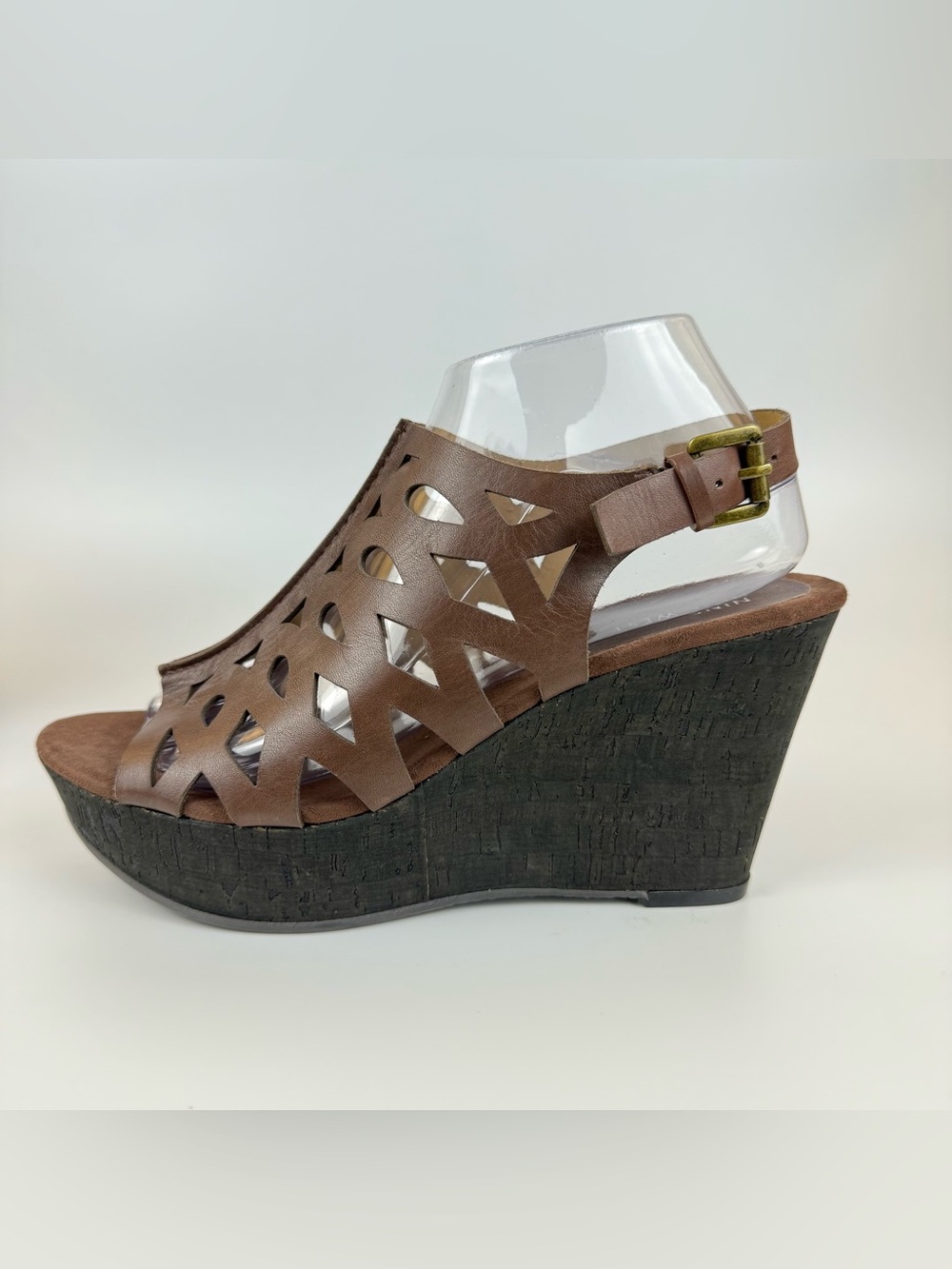 NINE WEST Cutout Brown Leather EDDIT Platform Cork Wedge Peep Toe Heels 8.5M